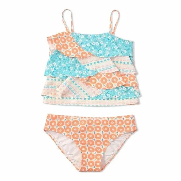 Tommy Bahama Ruffle Tankini Set Tropical Floral Beachy Girls 5 Orange Blue
