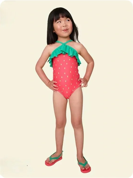 Girls Strawberry One-Piece Swimsuit in Red and Green