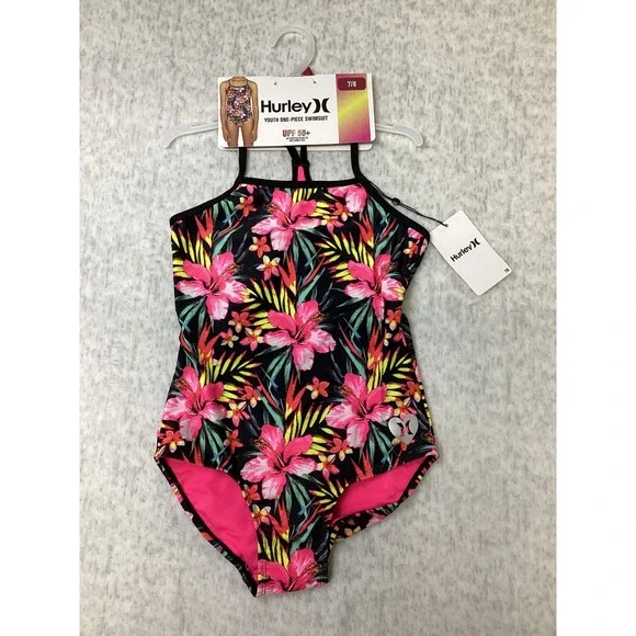 Hurley Girls Youth One-Piece Swimsuit Black Hyper Pink Floral UPF 50+‎ 7/8 NWT