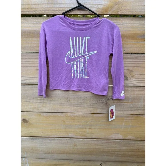 Nike Girls Purple Long Sleeve Crop Top Holographic Logo Shirt Size 6X New