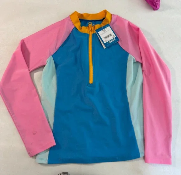 DSG Girls Long Sleeve Rash Guard Aqua Blue Pink Quarter Zip Swim Top Size M