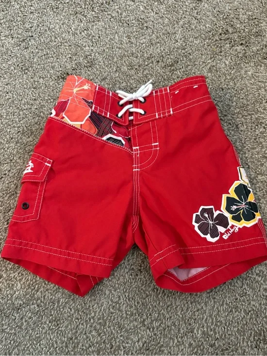 Old Navy Red and Navy Floral-Trim Baby Swim Shorts