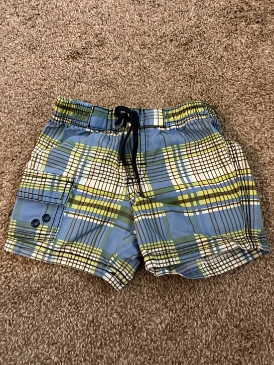 Old Navy Blue and Green Plaid Kids Swim Trunks