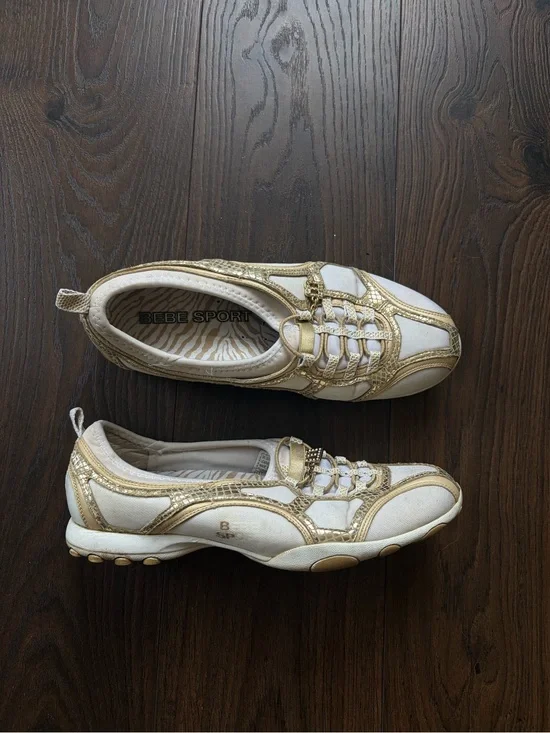 bebe White and Gold Sporty Slip-On Sneakers