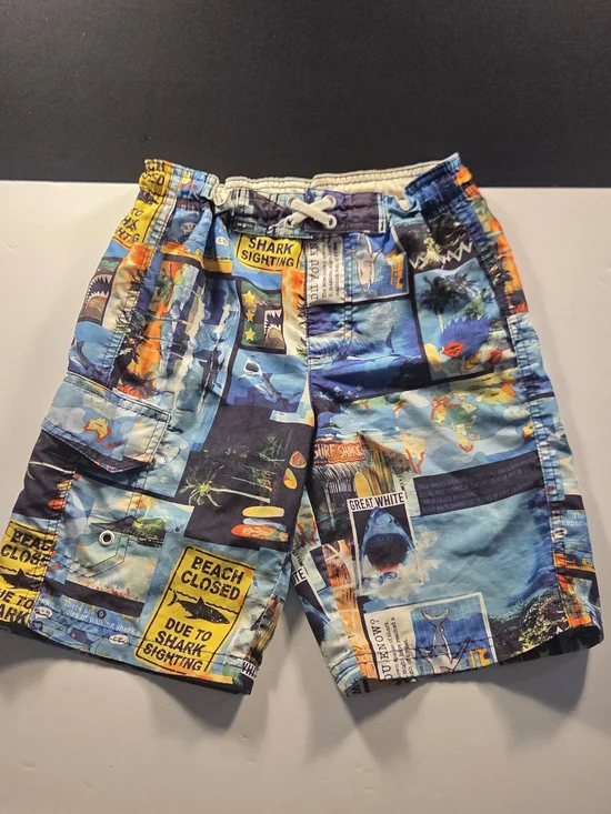 OP Boys 6-7 Blue Multi Shark Print Swim Trunks