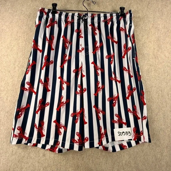 Wonder Nation Boys XL 14-16 Swim Trunks Blue White Striped Lobster Print Shorts