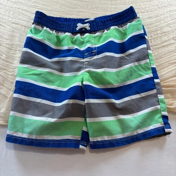 OP Boys Neon Green Blue Stripe Lined Swim Trunks Size 3T