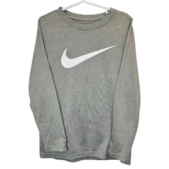 Nike Boys Small The Nike Tee Swoosh Dri-Fit Long Sleeve Shirt Grey White