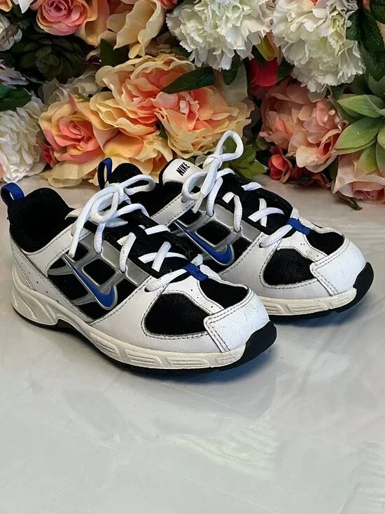 Nike Kids Athletic Sneakers White Black Blue Silver Size 9C