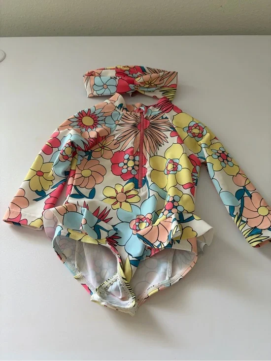 Girls' Floral Long-Sleeve Rash Guard Swimsuit with Headband - Multicolor