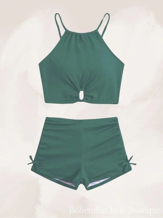 SHEIN Teen Swim Sage Green Ribbed Tankini Set Shorts 16Y NWT