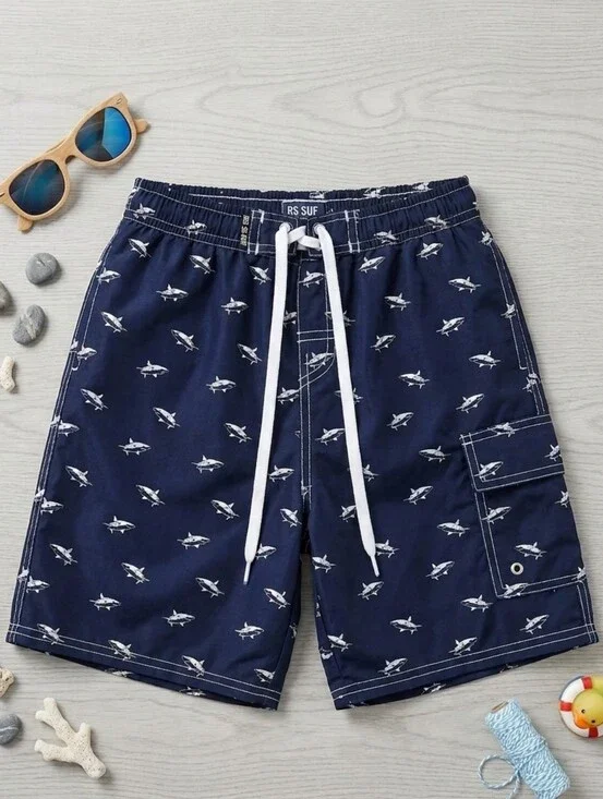 Kid's Navy Blue Shark-Print Boy’s Swim Trunks Sz 7