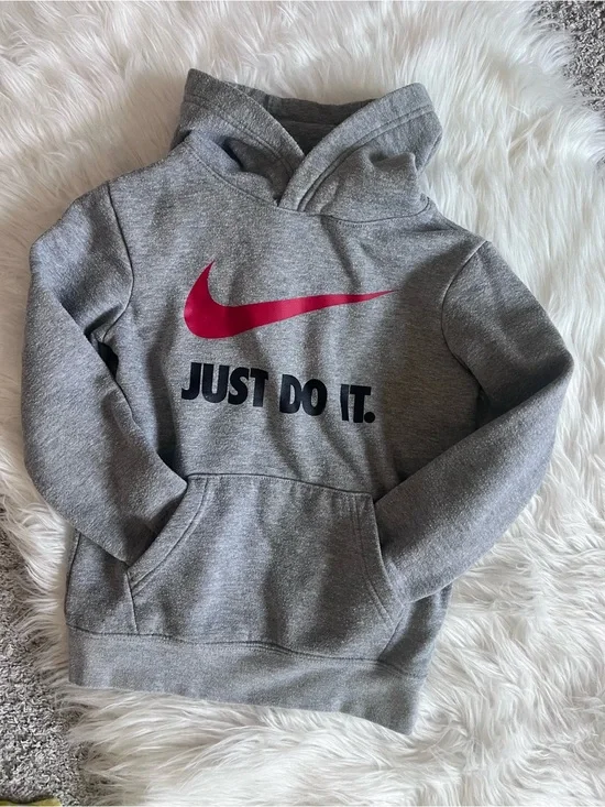 Nike Kids Gray Hoodie with Pink Swoosh and Black Text