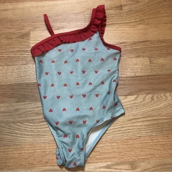Junk Food Mickey Mouse One Piece Swim Suit 5T Blue Red Ruffle Bathing