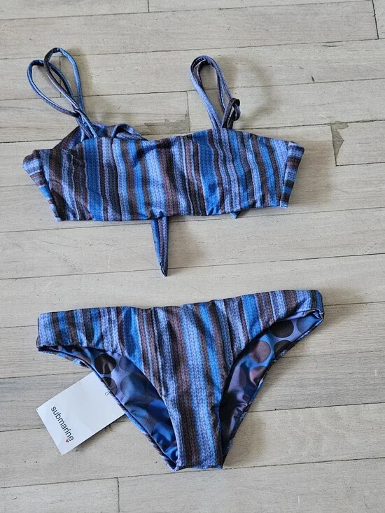 Reversible Blue & Brown Striped/ Blue & Brown Dot Girls' Two-Piece Swim Bikini