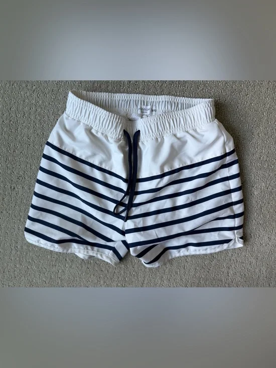 Kids White and Navy Striped Swim Trunks