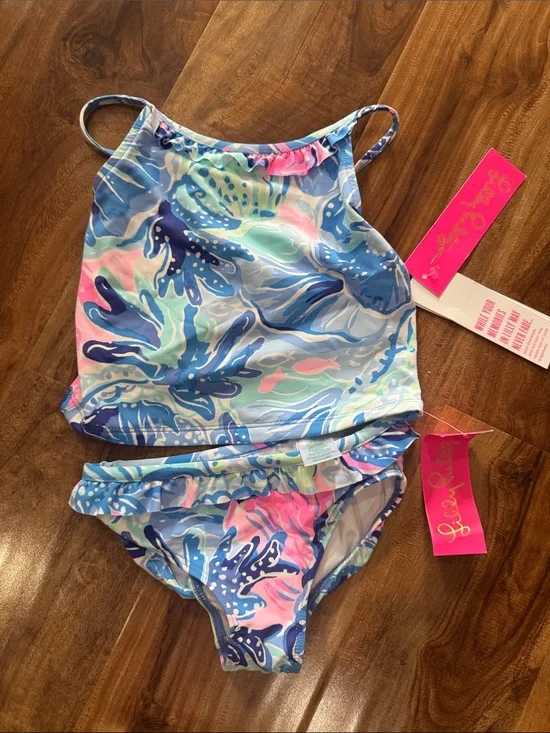 Lilly Pulitzer Girls' Blue, Pink & Mint Tropical Tankini Set size 4 NWT’s