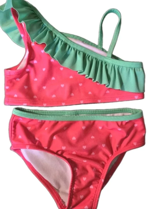 Cat & Jack Girls 2-Piece Bikini Swimsuit Pink Hearts Green Ruffle Size 4T NWOT