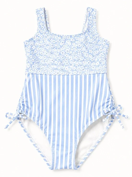 Billabong Light Blue Floral & Stripe One-Piece Swimsuit