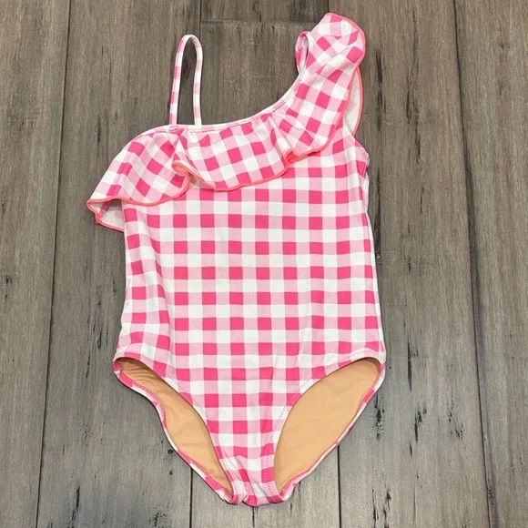 Crewcuts Pink and‎ White Gingham One-Shoulder ruffle Swimsuit
