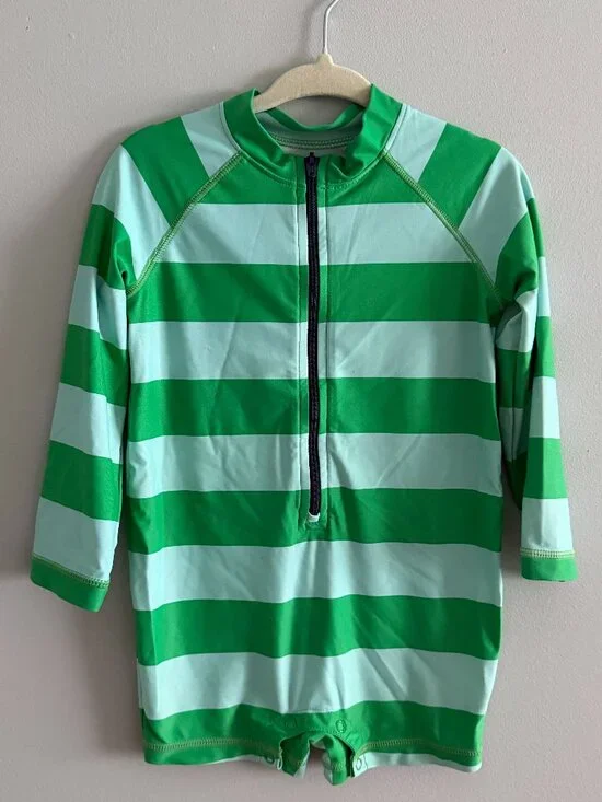 Primary One Piece Zip Rash Guard Swimsuit Green Blue Stripe 18-24M