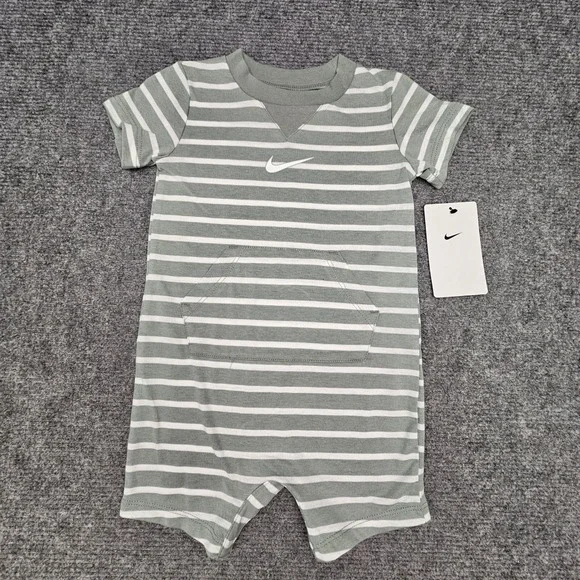 Nike Striped Romper Kids 12M Mica Green Short Sleeve Pocket One Piece NWT