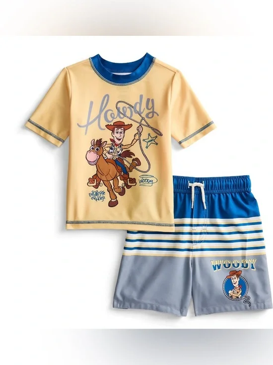 NWT Disney Pixar Toy Story Woody 2 Piece Rash Guard Swim Trunks Set UPF 50+ 18M