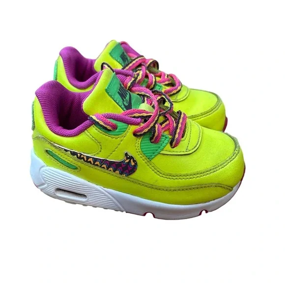 Nike Air Max 90 Sneakers Kids Neon Yellow Pink‎ Green Geometric SIZE 7C
