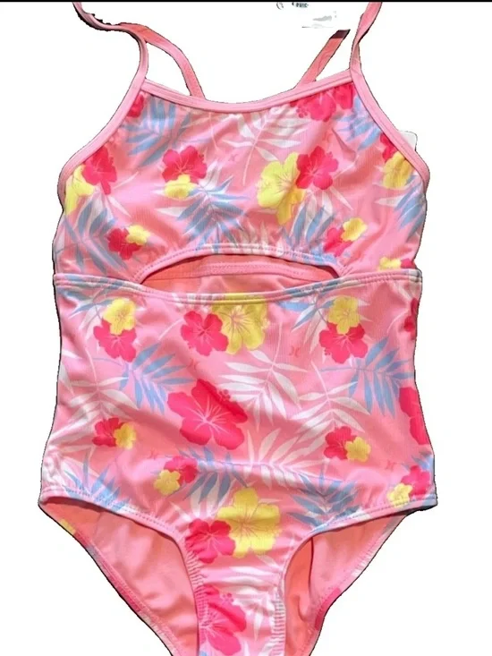 NWT Hurley Kids Pink Floral One Piece Swimsuit Size 5/6 Bright Vibrant Floral