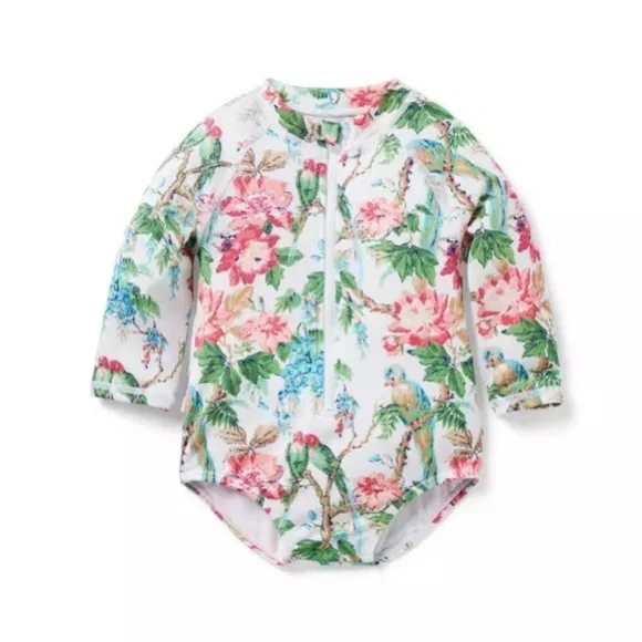NWT Janie and Jack rash guard swimsuit white tropical floral w ruffles 0-3 month