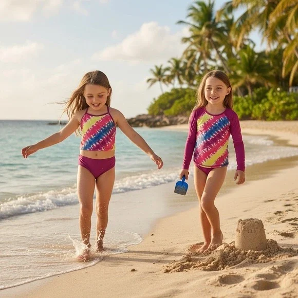 Lands' End 3 Piece Swim Set Girls Sz 6 Purple Geometric UPF 50 Quick Dry Outdoor