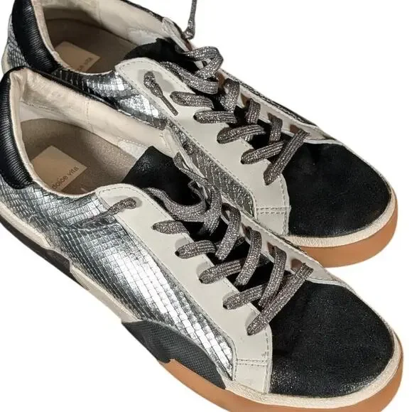Dolce Vita Metallic Silver Black Leather Sneakers Gum Sole Women's 10