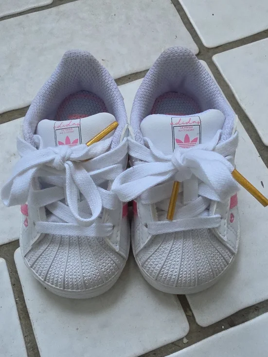 adidas White and Pink Infants Shell-Toe Sneakers with Gold Aglets