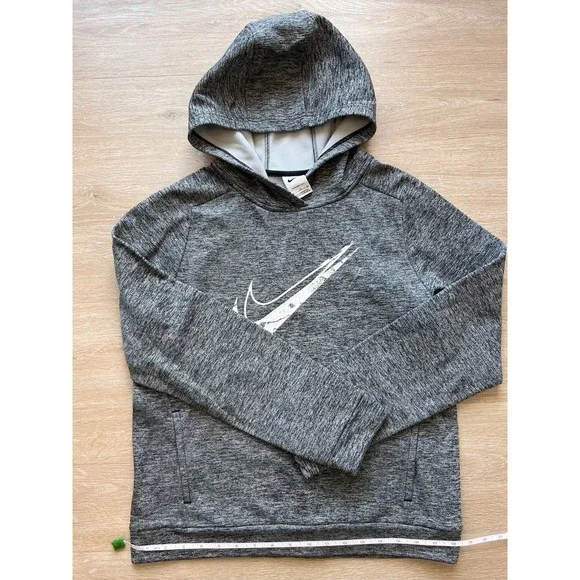 Nike Therma-Fit Hoodie Boys XL Heathered Gray Fleece Lined Swoosh Logo Pullover