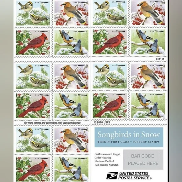100 Songbirds in Snow Forever Postage Stamps US Postal USPS Wedding Invitations‎