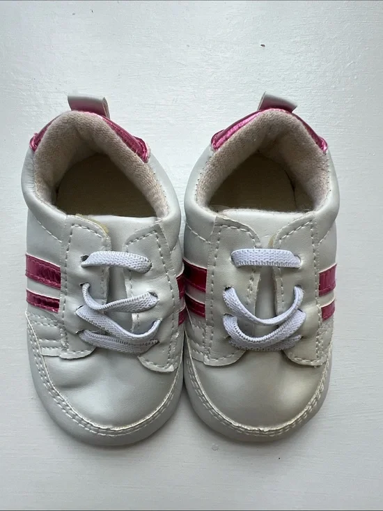 Kids White and Pink Athletic Crib Shoes