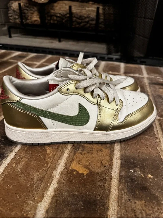 Air Jordan Low-Top Sneakers in White, Metallic Gold & Olive Green