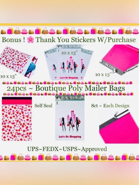 24ct ~ 10x13’ Designer PolyMailers Variety Pack   ~BONUS~24ct Free Stickers 🌿🆕🌿