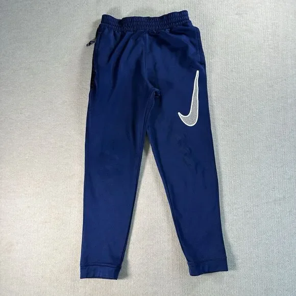 Nike Dri-Fit Boys M Blue Big Swoosh Fleece Lined Joggers Sweat Pants Zip Pocket