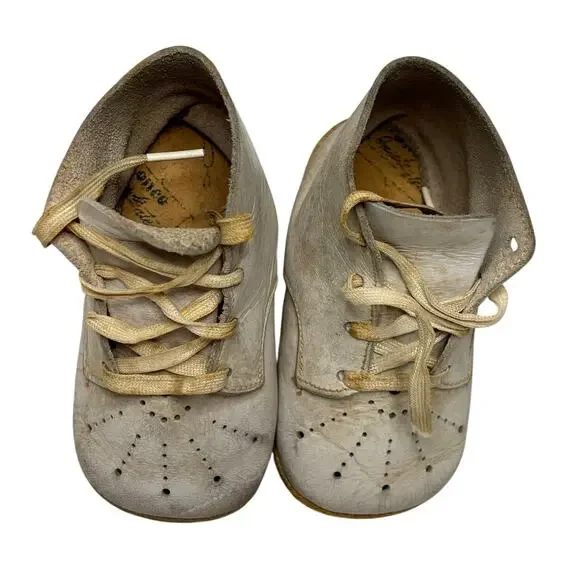Vintage Mid Century White Punched Leather Lace Up Baby Shoes Pair