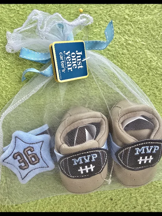 NWT NEWBORN Baby BOYS SHOES & WRIST RATTLE Set - FOOTBALL MVP  Brown + Blue (Q5)