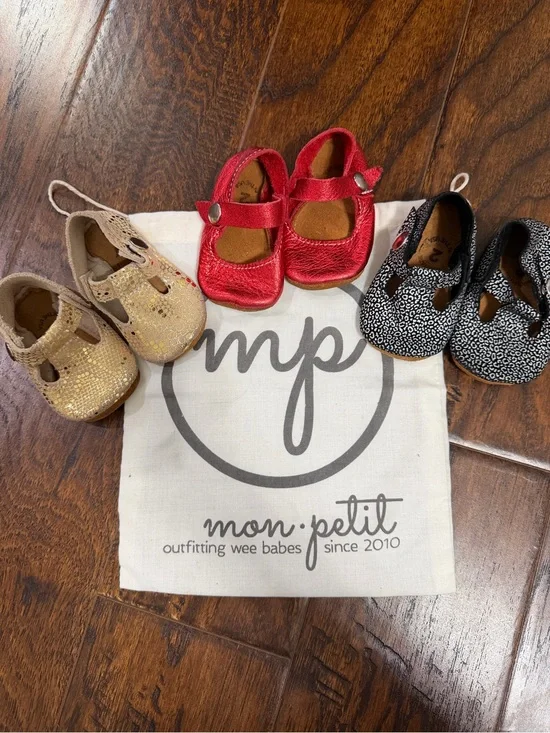 Mon Petit 3 Pair Baby Girl Handmade Mary Jane & T Strap Soft Soled Shoes Size 2