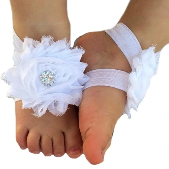 Miugle Baby Shabby Chic White Flower Barefoot Sandals NWOT