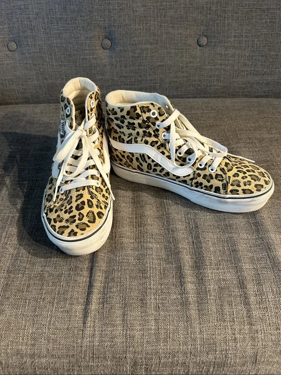 Vans Sk8-Hi Leopard Print High Top Sneakers - Tan, Black & White
