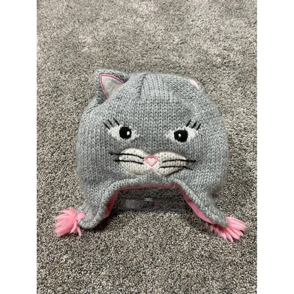 The Children's Place Knit Cat Hat Toddler Girls 2T-3T Grey Earflap Beanie