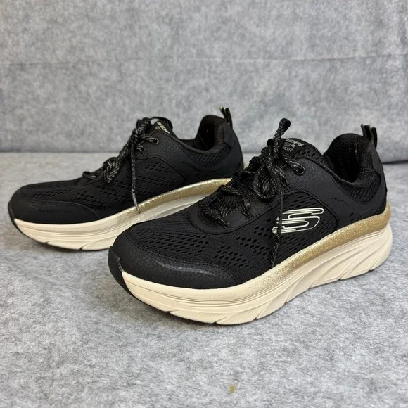 Skechers DLux Walker Relaxed Fit Black Gold Glitter Sneakers Womens 149358