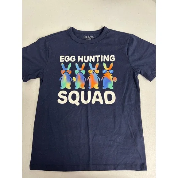 Childrens Place Boys Egg Hunting Squad Navy Blue Graphic Tee Shirt Size M 7/8