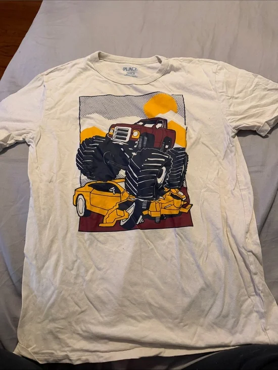 The Children's Place White Tee with Yellow & Black Monster Truck Graphic