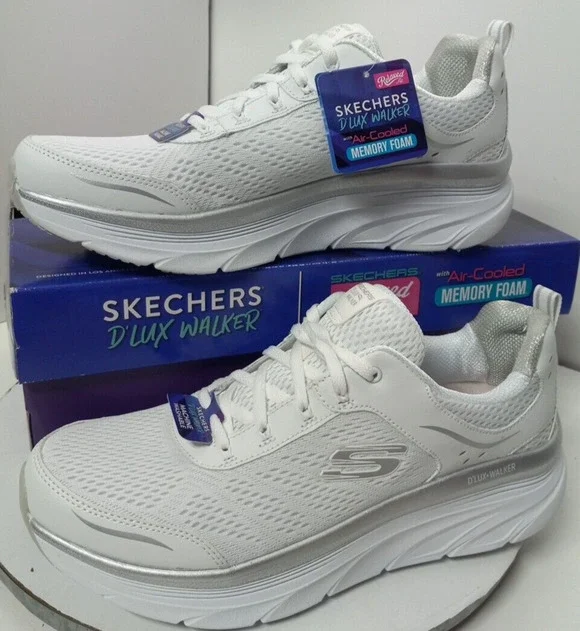 Skechers D'Lux Walker Infinite Motion White Silver Mesh Lace Shoes Womens Sz 11