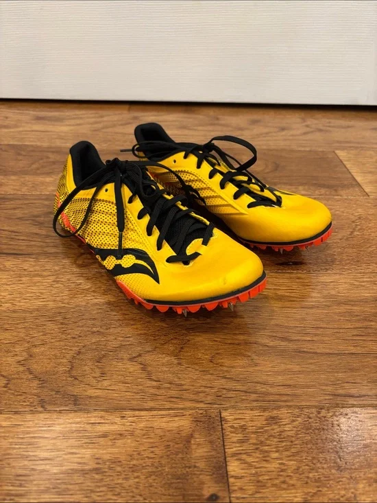 Saucony Yellow Black Sprint Spikes with Orange Sole